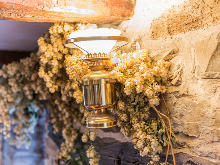 Dried hops decorate many of the walls and wooden beams at the Black Bull